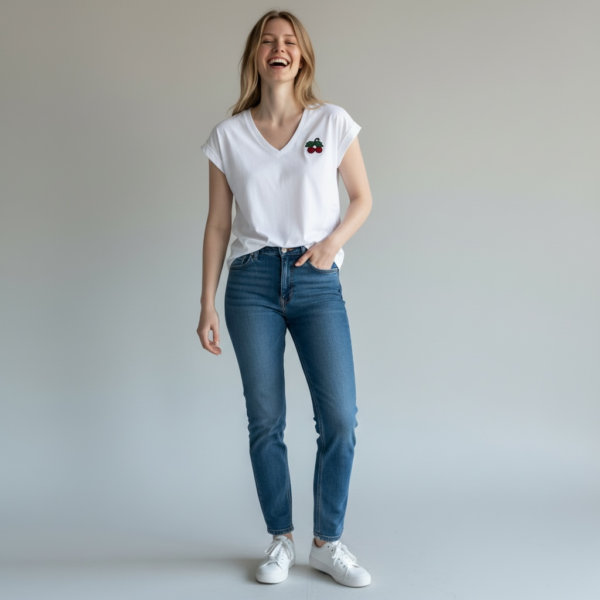Bild 1 (Model von vorne) „Frau trägt weißes Mos Mosh T-Shirt mit Kirsch-Emblem und V-Ausschnitt, kombiniert mit blauer Jeans” Bild 2 (Produktfoto freistehend) „Weißes Mos Mosh T-Shirt mit rotem Kirsch-Stickerei-Detail auf der Brust, freistehend auf weißem Hintergrund” Bild 3 (Rückseite) „Rückansicht weißes Mos Mosh T-Shirt mit Markenlogo am Nacken”