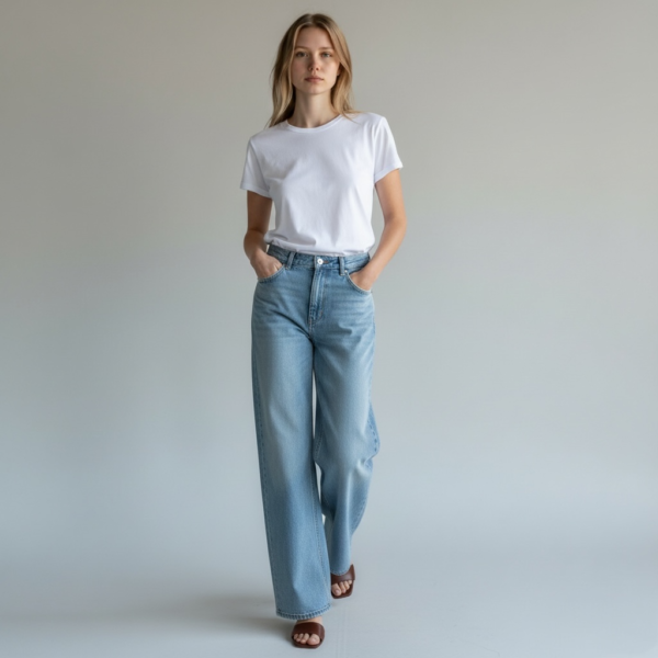 Frau in Mos Mosh Wide Leg Jeans und weißen Shirt