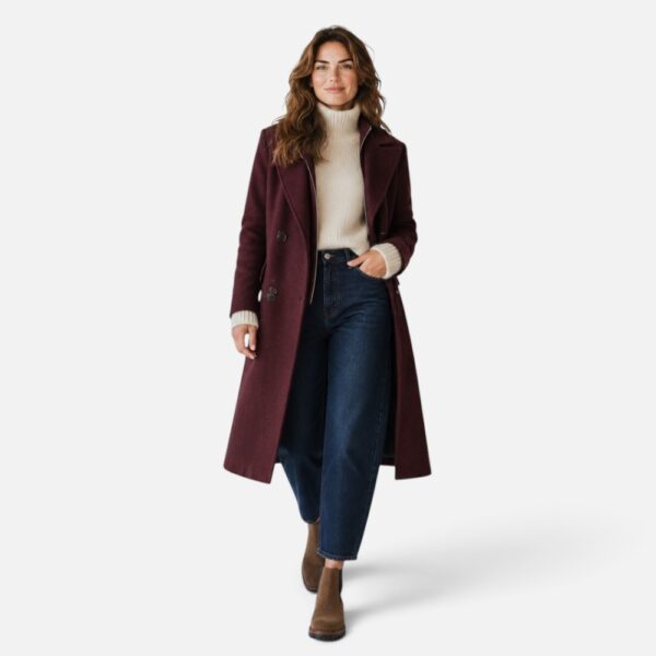 1. Bordeauxroter Doppelreiher-Wollmantel mit Strick-Kragen-Einsatz und Reißverschluss, Freisteller 2. Frau trägt bordeauxroten Wollmantel offen über cremefarbenem Rollkragenpullover und Jeans 3. Bordeauxroter Wollmantel in Bewegung getragen, offen über Rollkragenpullover 4. Rückansicht des bordeauxroten Wollmantels mit Mittelnaht-Rückenschlitz 5. Nahaufnahme des Strick-Kragen-Einsatzes mit Reißverschluss am bordeauxroten Mantel 6. Nahaufnahme des Revers und der Knopfleiste am bordeauxroten Wollmantel Nahaufnahme des herausknöpfbaren Strick-Kragen-Einsatzes mit Reißverschluss am bordeauxroten Mantel